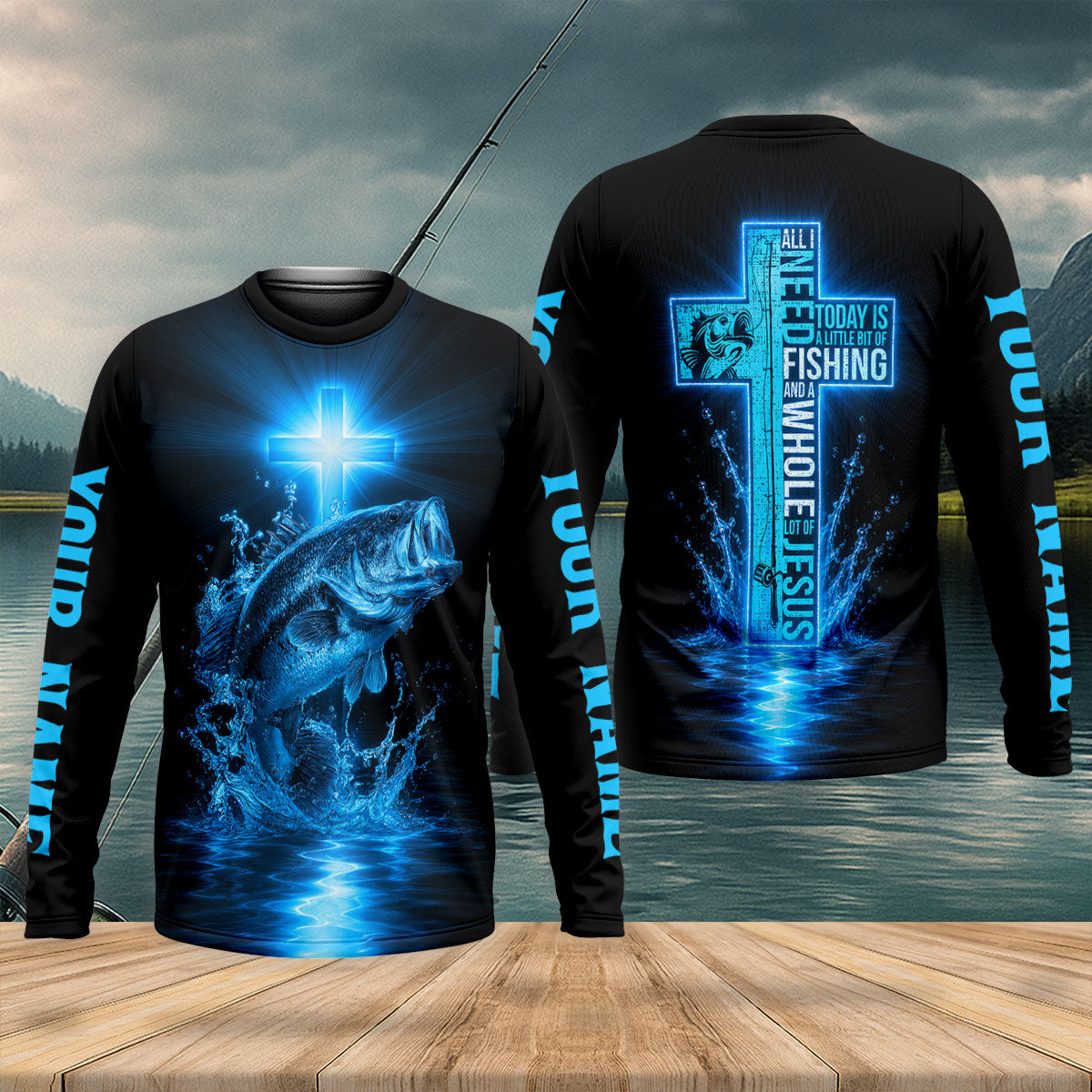 Jesus Cross Bass Fishing UPF Shirt With All I Need Quote, Fishing Shirts For Men, Fishing Shirt