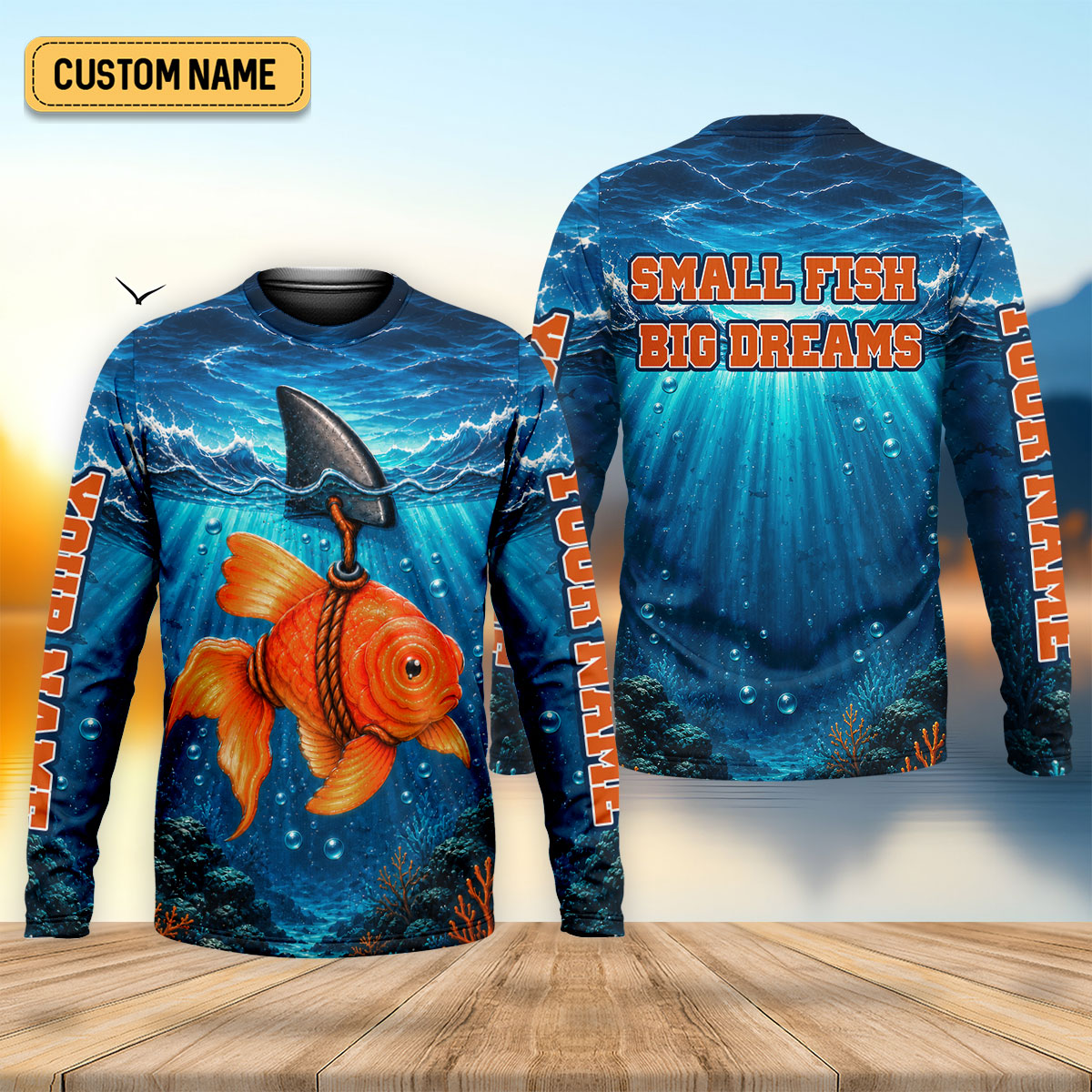 Small Fish Big Dreams Shark Custom UPF Shirt, Long Sleeve Fishing Shirt, Mens Shirt