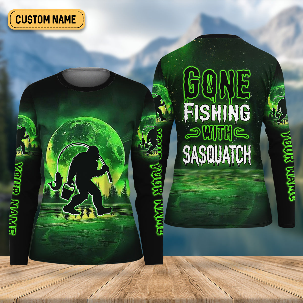 Gone Fishing With Sasquatch Neon Green Color Funny Fishing Shirt, Women SPF Shirt, Female Fishing Shirts