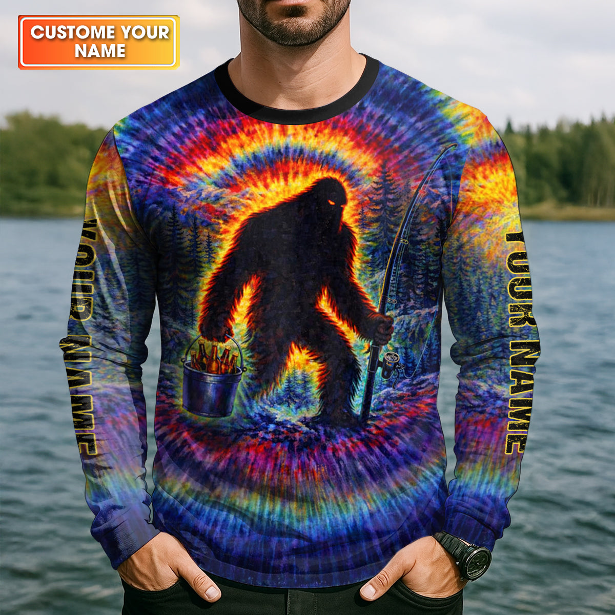 Bigfoot Fishing Beer Bucket Rainbow Swirl Funny Fishing Shirt, Fishing UPF Shirts, Fishing Shirts For Men