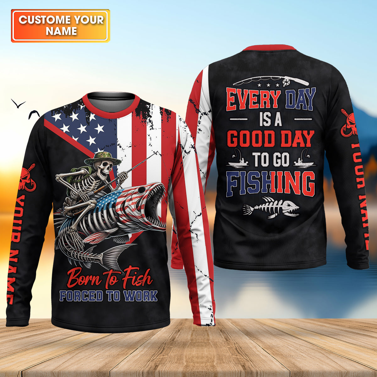 Born To Fish Forced To Work USA Fishing Shirt, Funny Fishing UPF Shirts, Personalized Fishing Shirts For Men
