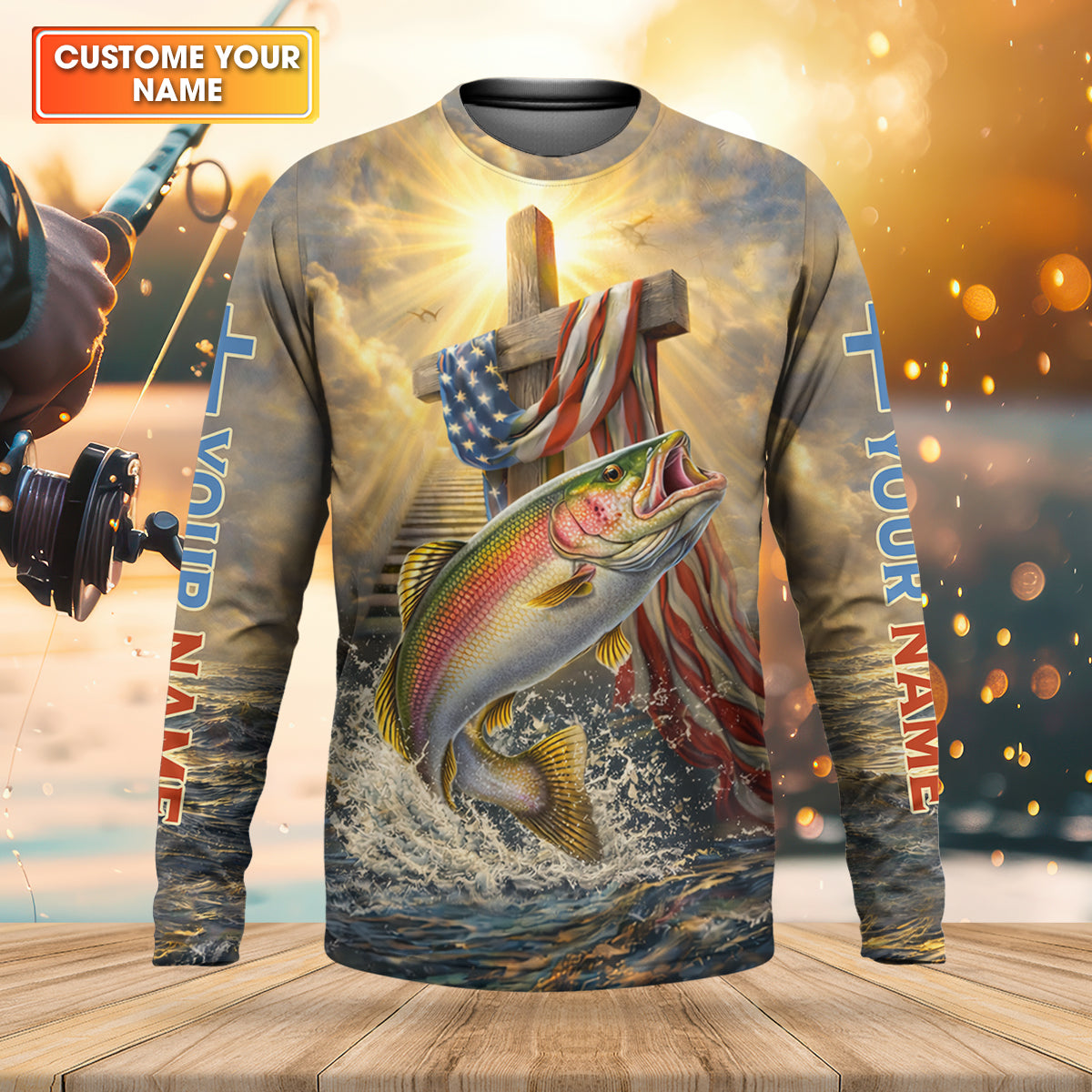 Faith Cross Patriotic Fishing Shirt, Fishing UPF Shirts, 250th Anniversary Fishing Shirts For Men