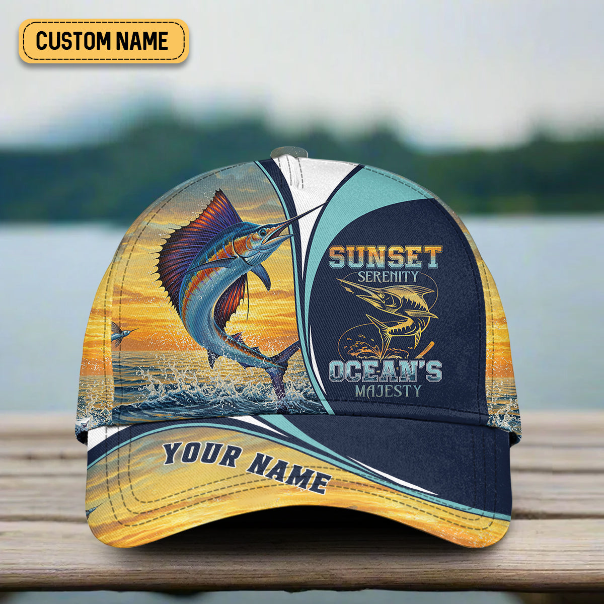 Sunset Serenity Ocean's Majesty, Fishing Trucker Hat, Fishing Hook Hat, Fishing Cap For Men, Fishing Gifts For Dad