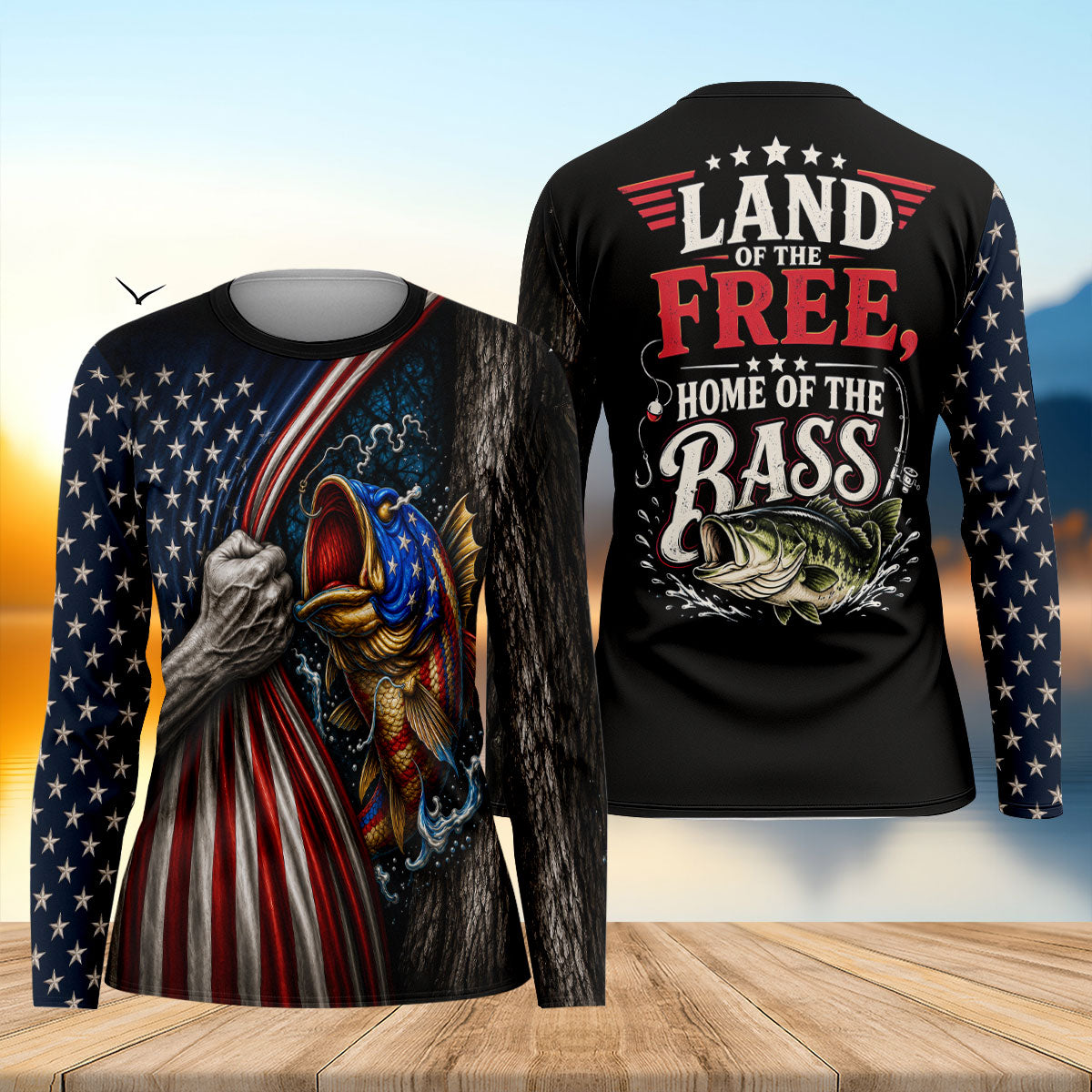 Patriotic Bass Fishing Long Sleeve Shirt, Women's Fishing Shirt, American Fishing Shirt