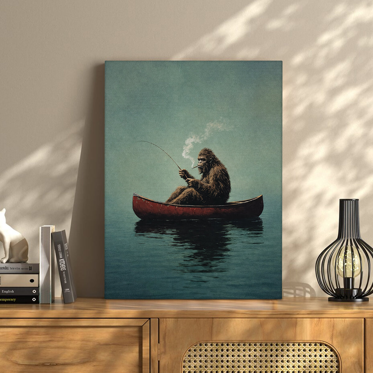 Gone Squatchin’ Canoe Canvas Wall Art, Bigfoot Fishing Decor, Man Cave Gift