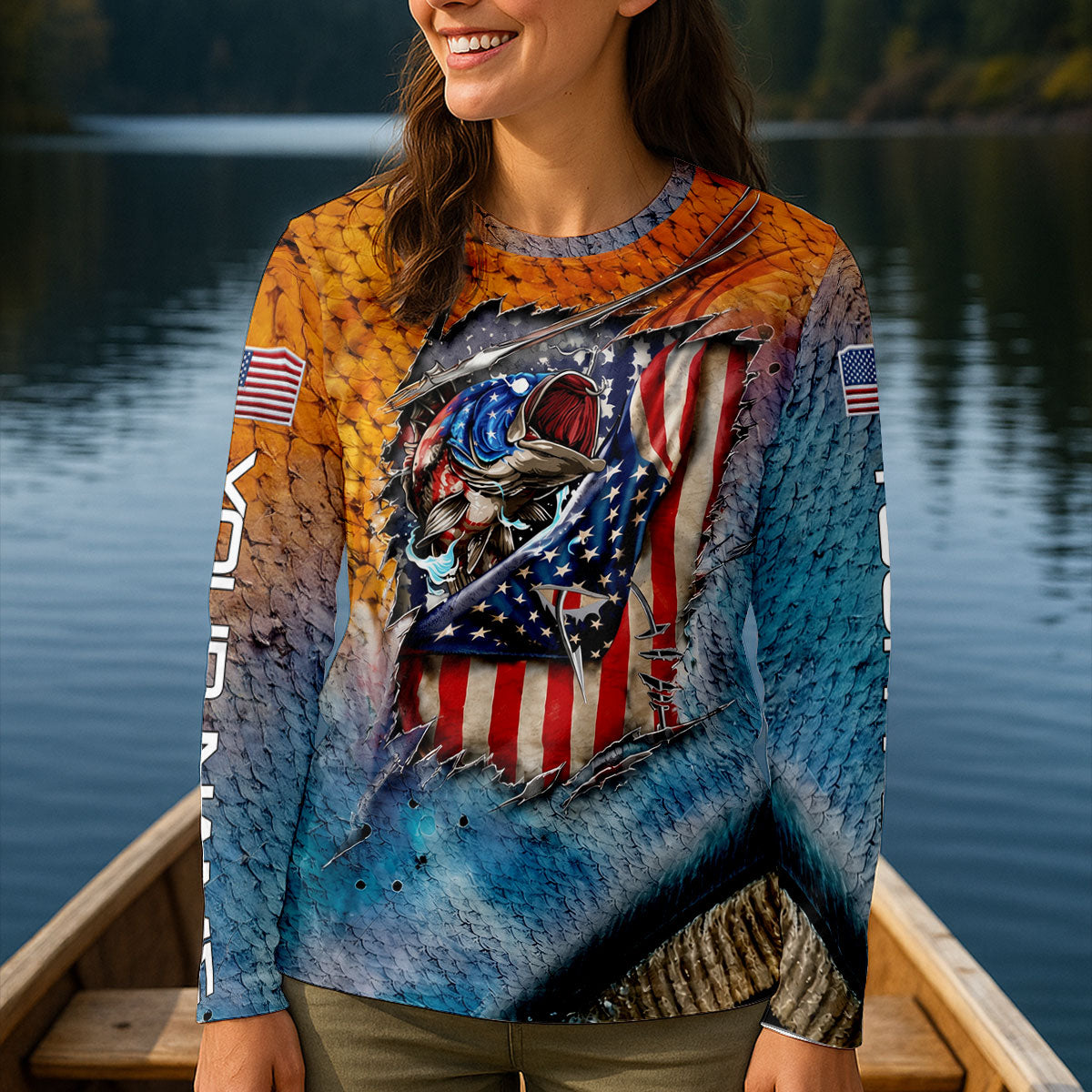 Patriotic Bass Fishing Long Sleeve Shirt, Fishing Shirt For Women, Women's Fishing Apparel