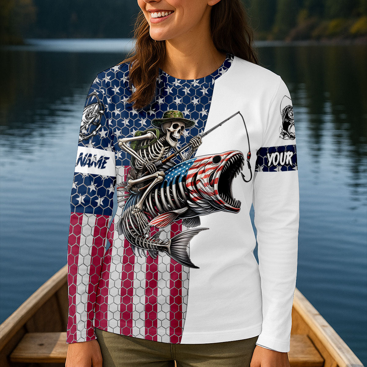 Personalized Skeleton Shark Fishing Long Sleeve Shirt, Women's Fishing Shirt, American Fishing Shirt