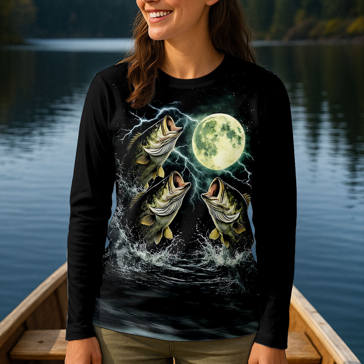Moonlight Bass Fishing Long Sleeve Shirt, Women's Fishing Shirt, Funny Fishing Shirt