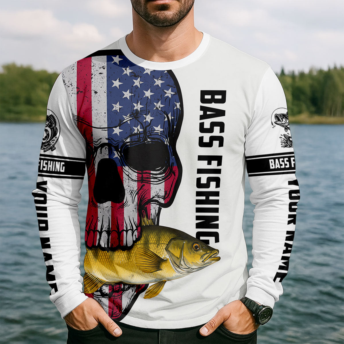 American Flag Bass Fishing Skull UPF Shirt, Fishing Shirts For Men, Fish Shirts