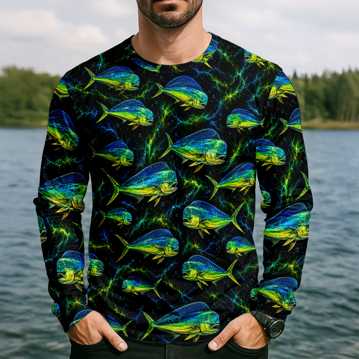 Mahi Mahi Fishing Pattern UPF Shirt, Fishing Shirts For Men, Fishing Apparel