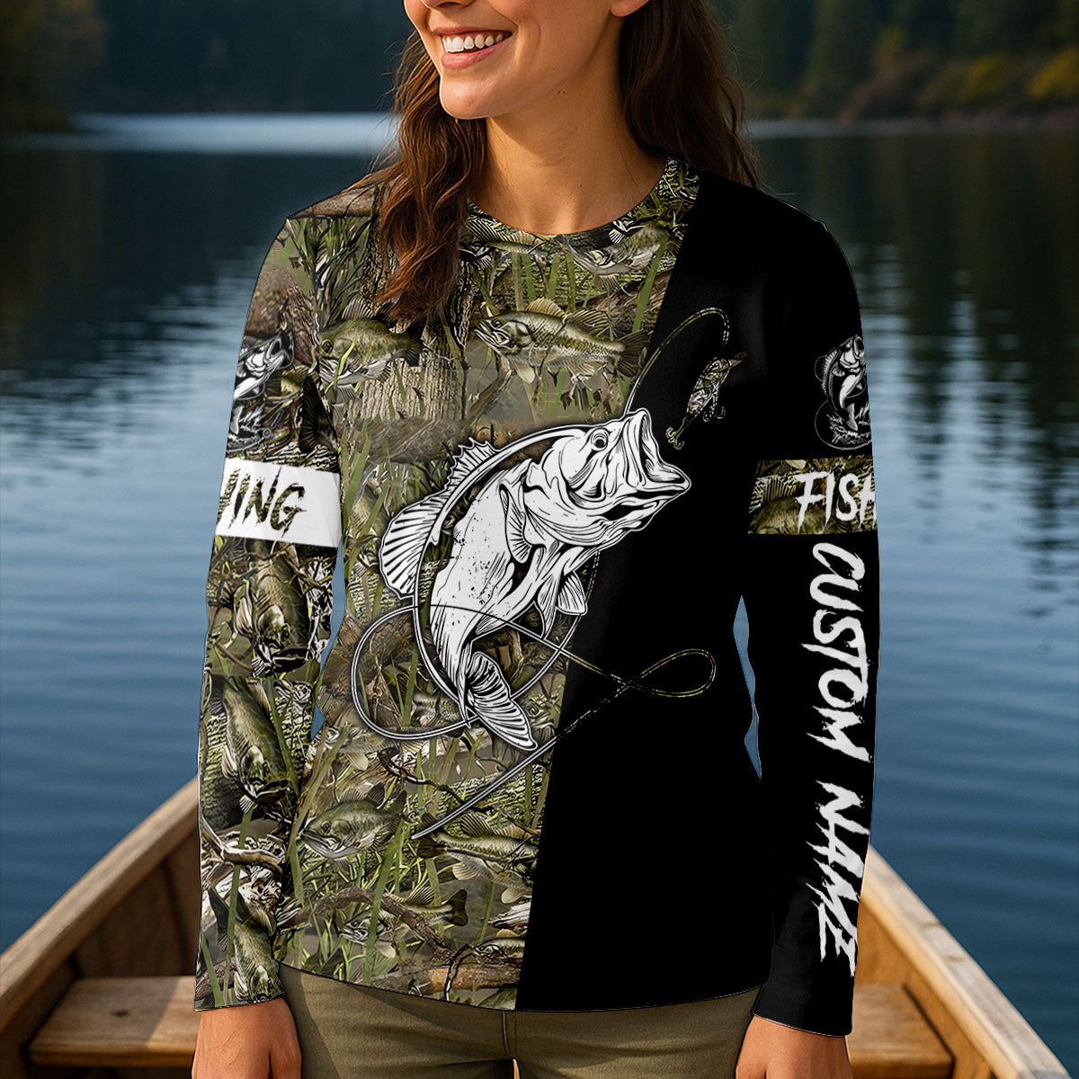 Custom Name Bass Fishing Camo UPF Shirt, Long Sleeve Fishing Shirt, Fishing Shirts For Women