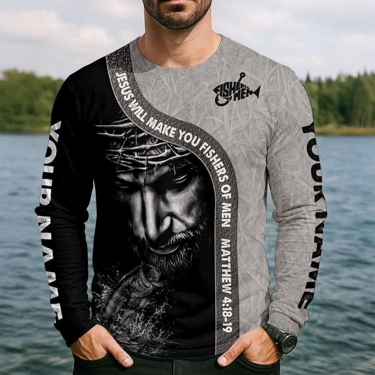 Custom Name Fishers Of Men Jesus UPF Shirt, Fishing Shirts For Men, Mens Fishing Shirts