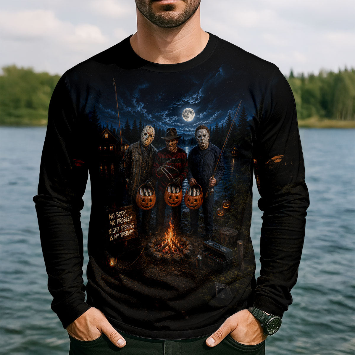 No Body No Problem Night Fishing Is My Therapy Halloween Horror Character UPF Shirt, Mens Fishing Shirts