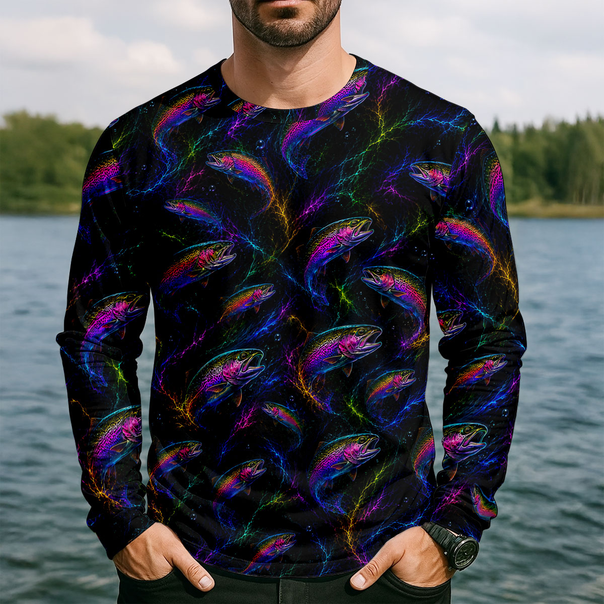 Neon Rainbow Trout Pattern UPF Shirt, Fishing Shirts For Men, Long Sleeve Fishing Shirt