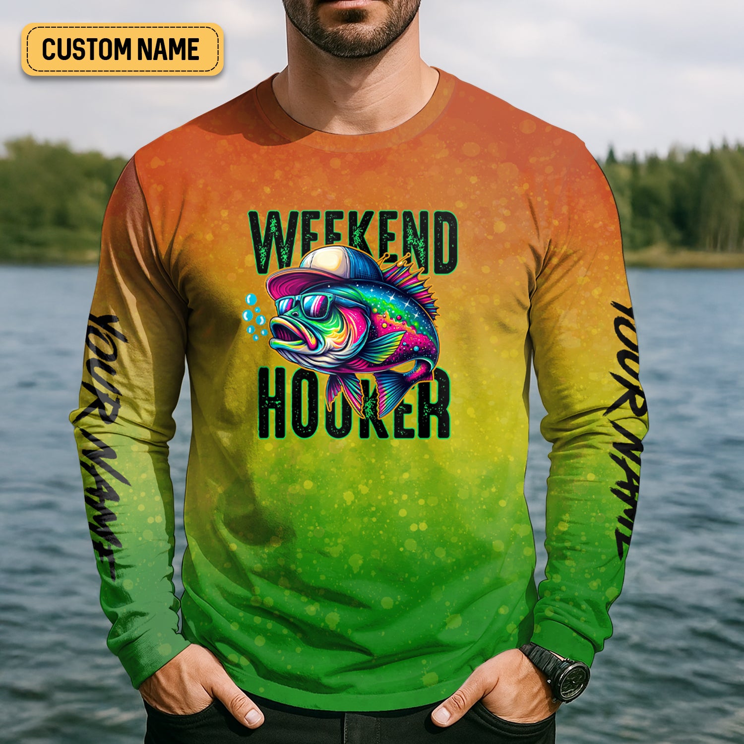 Weekend Hooker Green Yellow Orange Fishing UPF Shirts, Hooded Sun Shirt, Gift For Fisherman