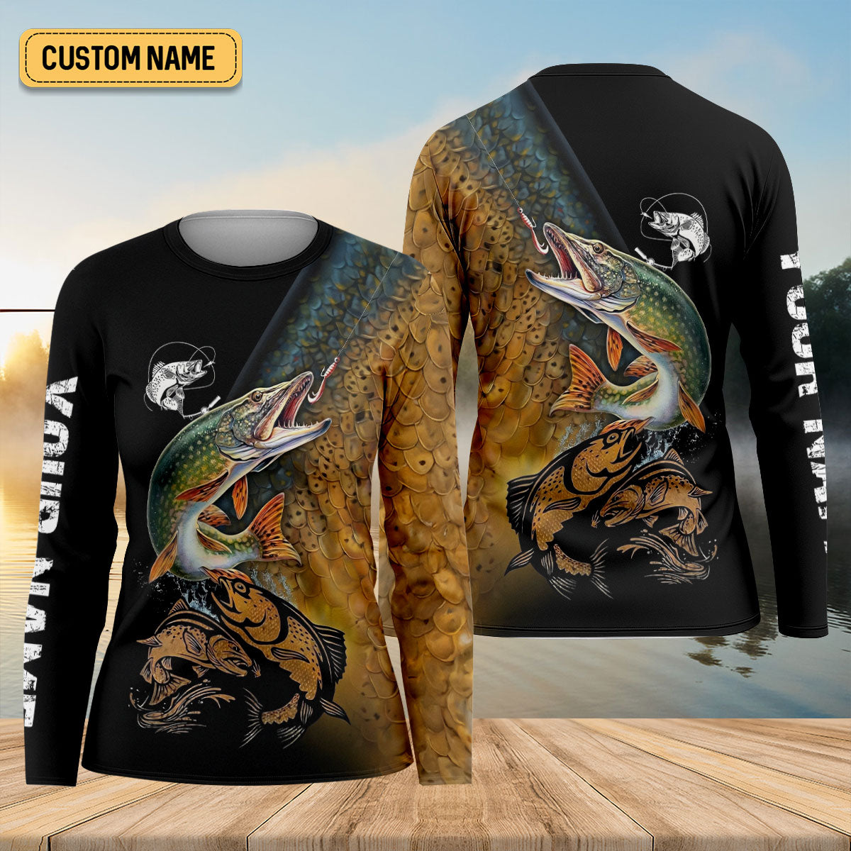 Northern Pike Fishing Gold Brown Scale Pattern Fishing UPF Shirts, Women Fishing Shirt