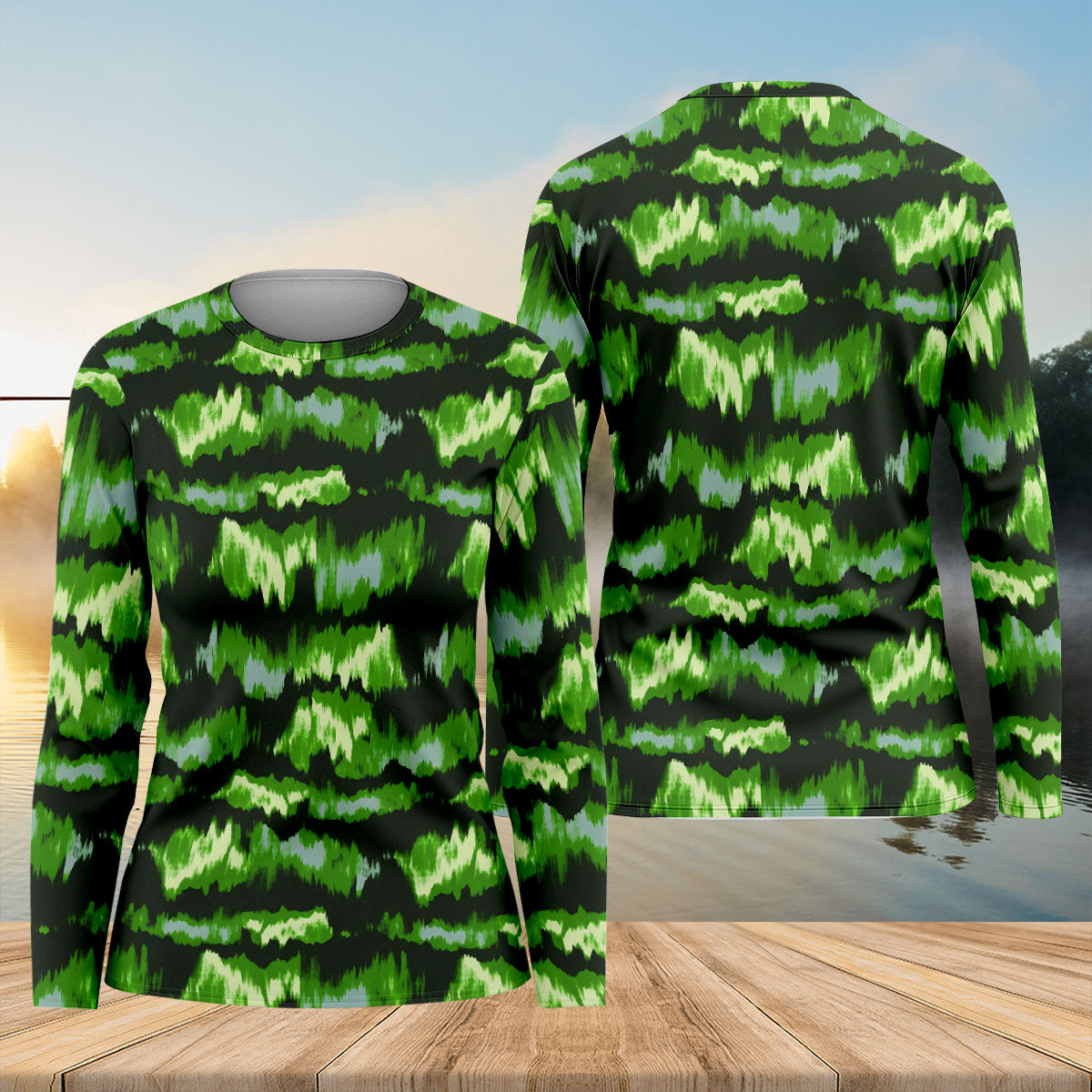 Green Ikat Pattern Fishing UPF Shirts, Women Fishing Shirt, Fisherwomen SPF Long Sleeve Shirts