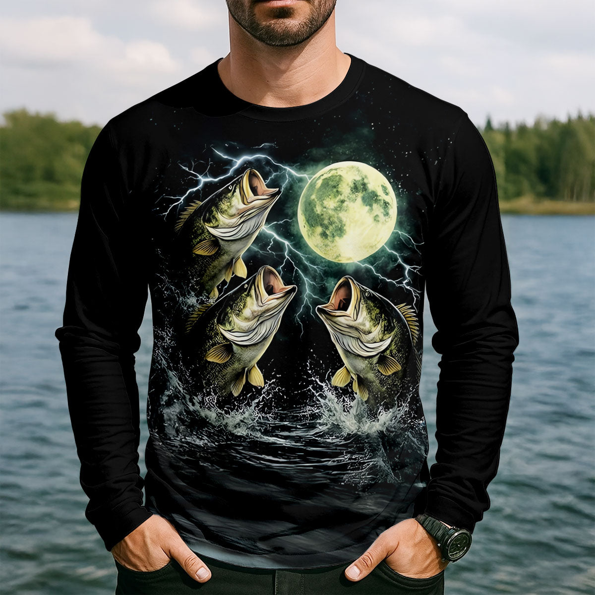 Moonlight Bass Fishing Long Sleeve Shirt, Fishing Shirts For Men, Bass Fishing Shirt