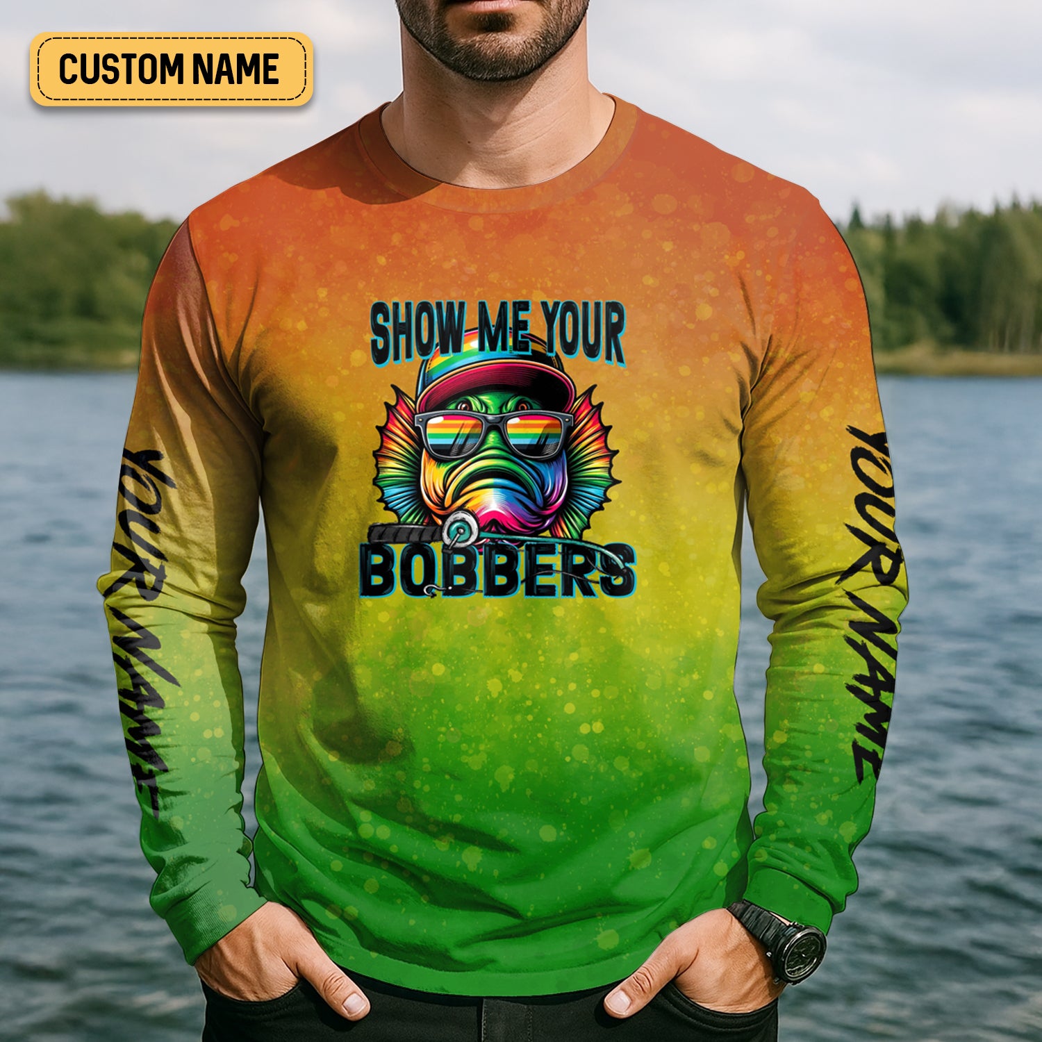 Show Me Your Bobbers Shirt, Green Yellow Orange Men Fishing Shirt, Funny Fishing Shirt, SPF Shirt