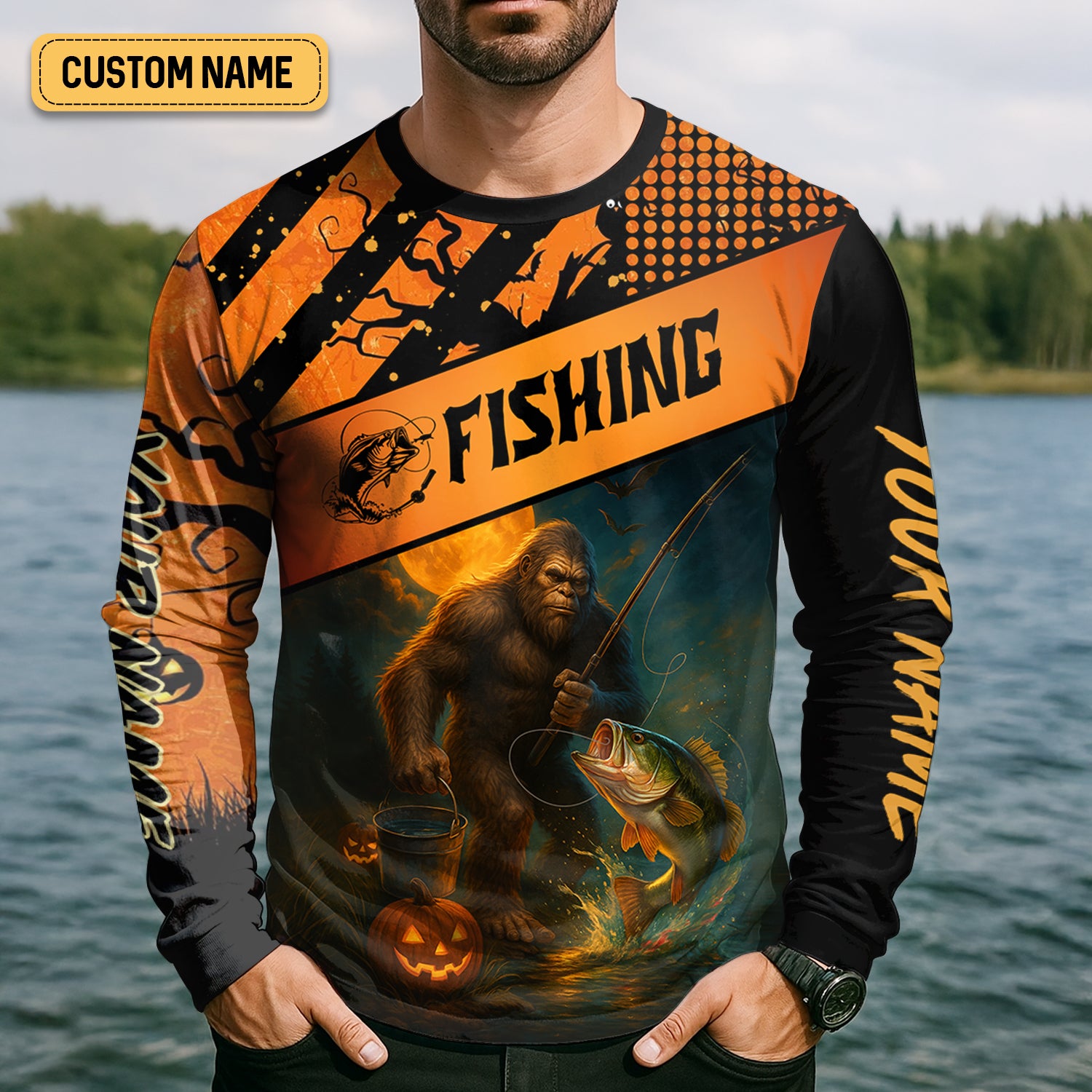 Bigfoot Halloween Fishing UPF Shirts, Fish Button Up Shirt, Fisherman Gift, Bass Fishing