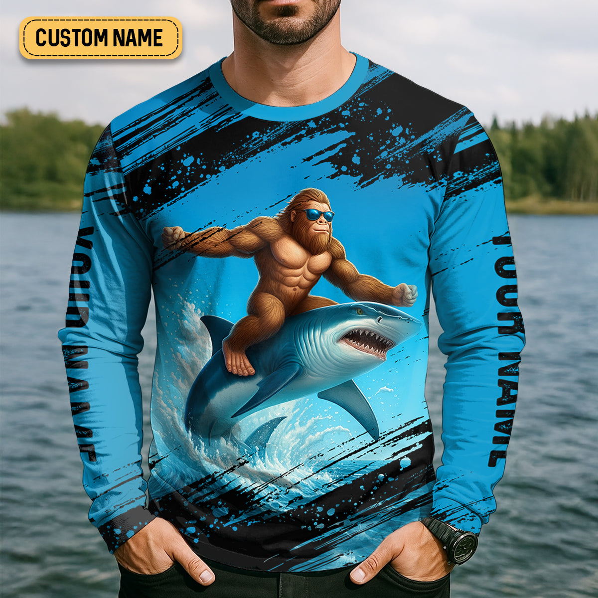 Just A Casual Day With Bigfoot And His Shark Fishing UPF Shirts, Funny Fishing Shirt, Presents For Fishermen