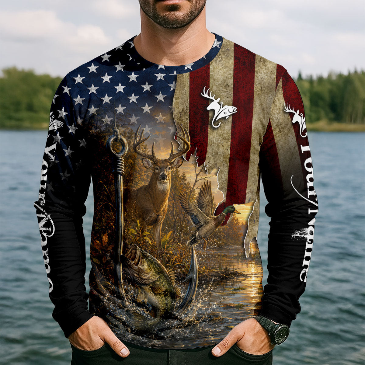 Custom Name American Flag Fishing Hunting UPF Shirt, Fishing Shirts For Men, Fisherman Gift