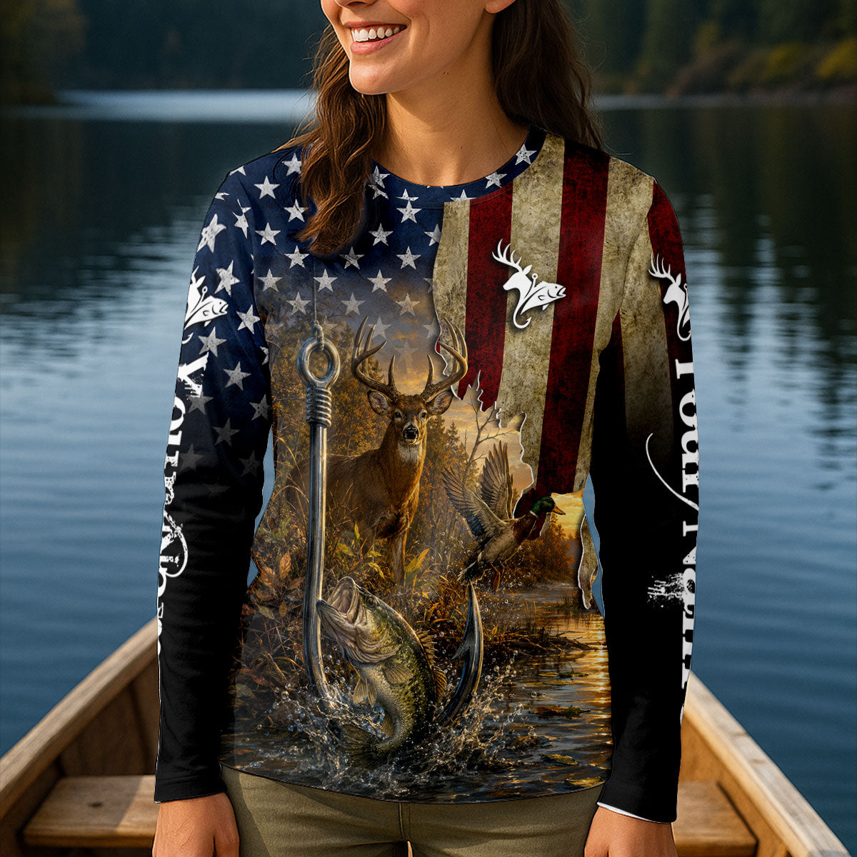 Custom Name American Flag Fishing Hunting UPF Shirt, Fishing Shirts, Women's Fishing Shirt