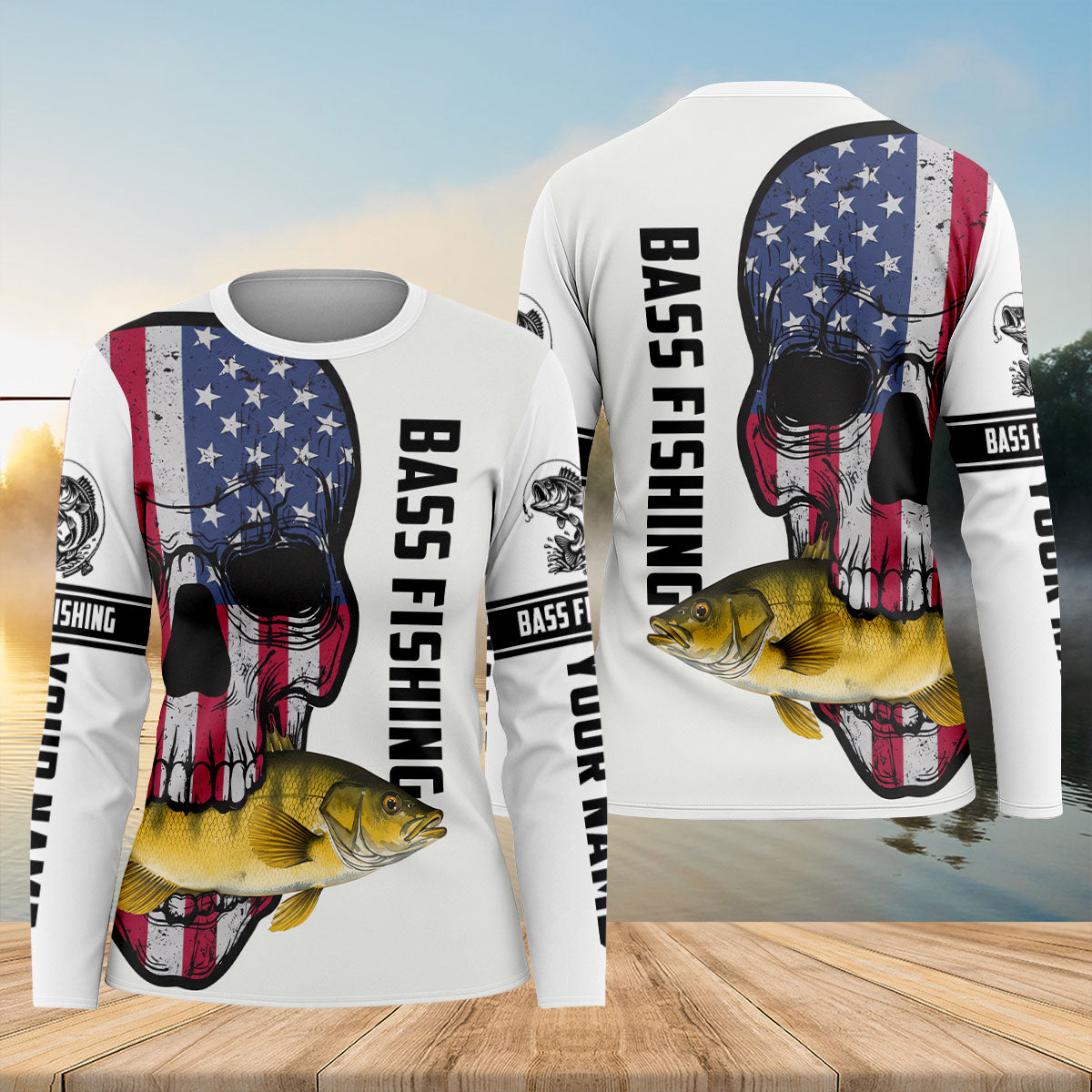 American Flag Skull Bass Fishing Shirt, Long Sleeve Fishing Shirt, Fishing Shirt For Women