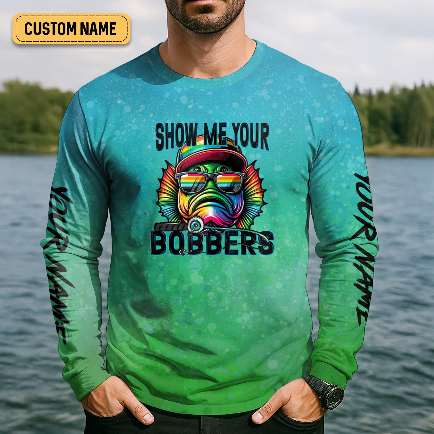 Show Me Your Bobbers Shirt, Green Blue Neon Men Fishing Shirt, Funny Fishing Shirt, SPF Shirt