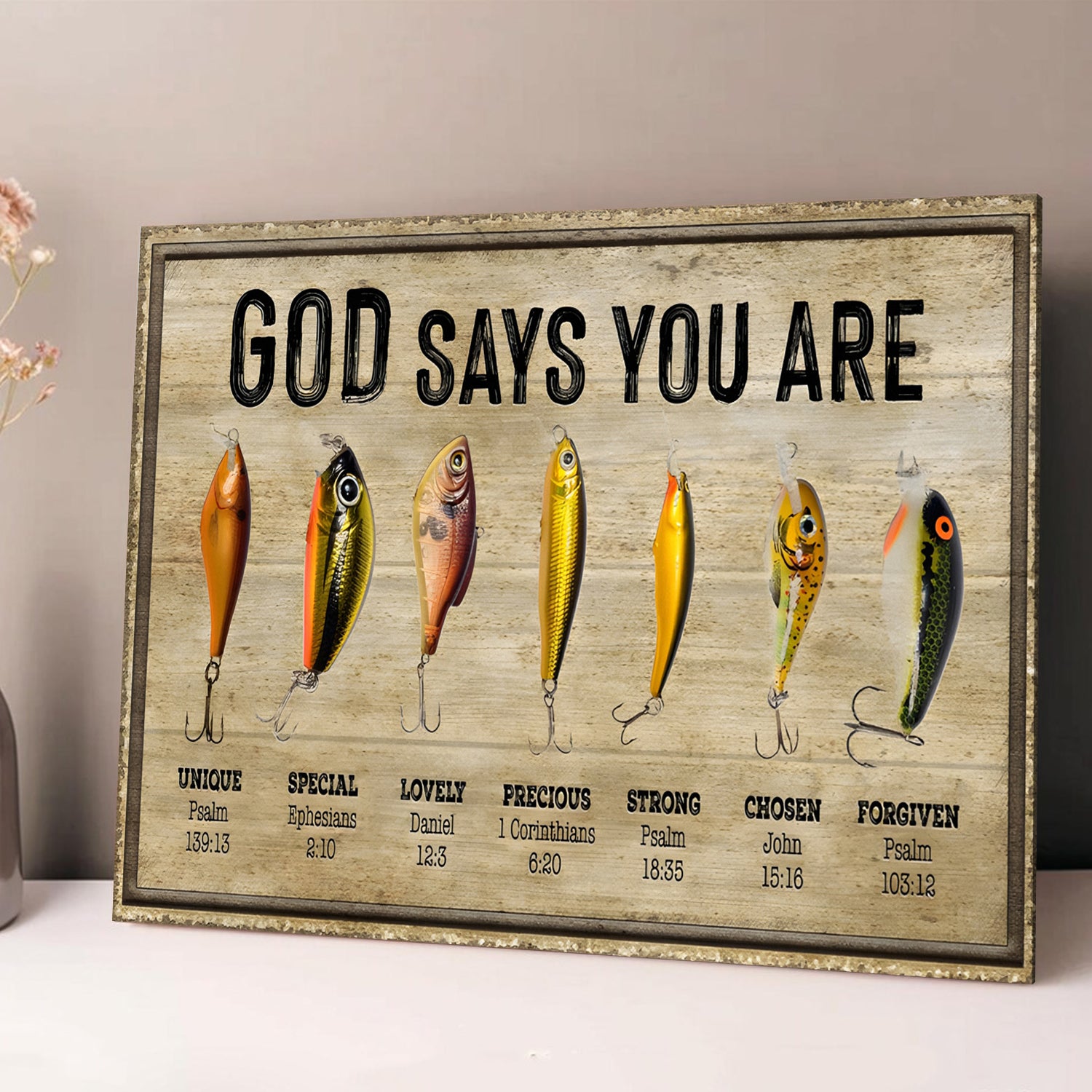 God Says You Are Fishing Lures Canvas Wall Art, Christian Fishing Man Cave Decor, Fisherman Faith Gift