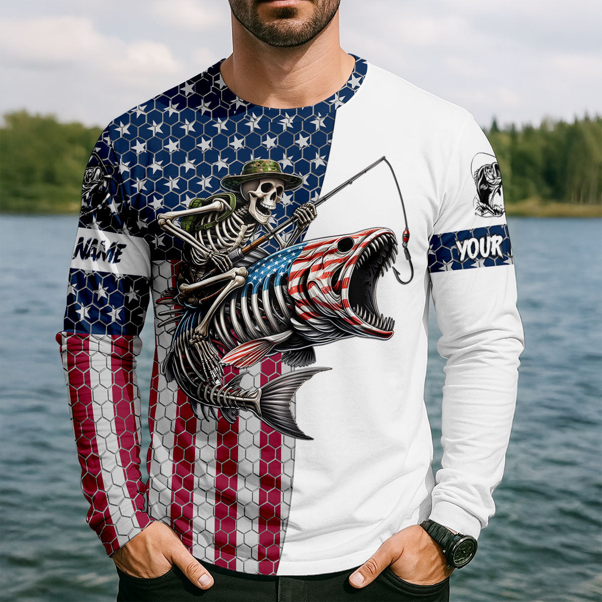 Personalized Skeleton Shark Fishing Long Sleeve Shirt, Men's Fishing Shirt, Patriotic Fishing Shirt