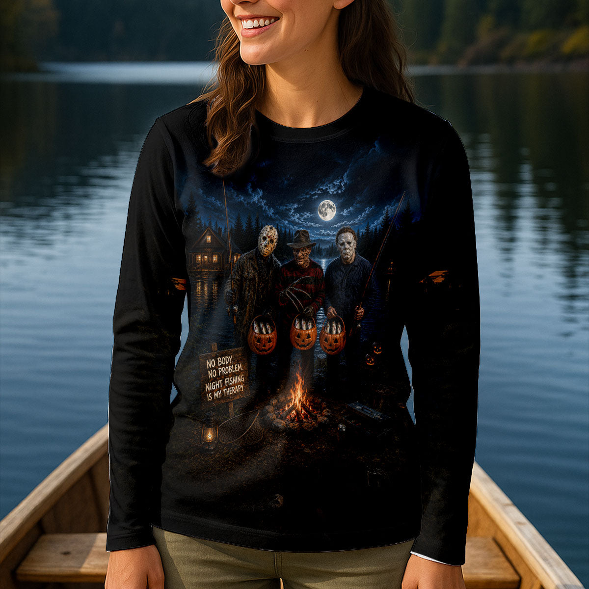 No Body No Problem Night Fishing Is My Therapy Halloween Horror Character UPF Shirt, Womens Fishing Shirt