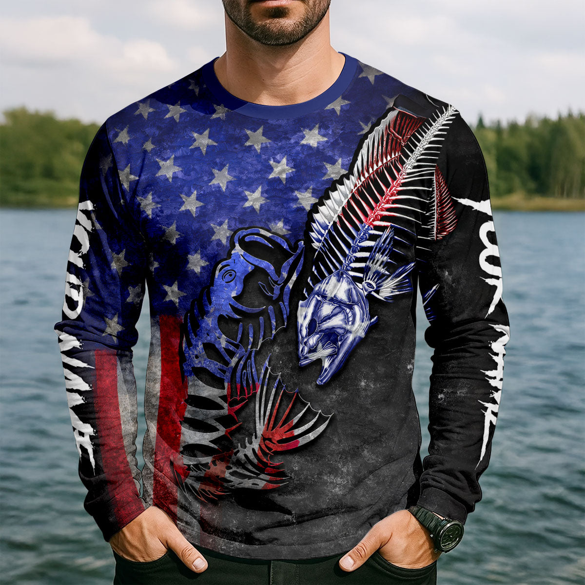 American Flag Fish Skeleton Fishing UPF Shirt, Fishing Shirts For Men, Bass Fishing Shirt