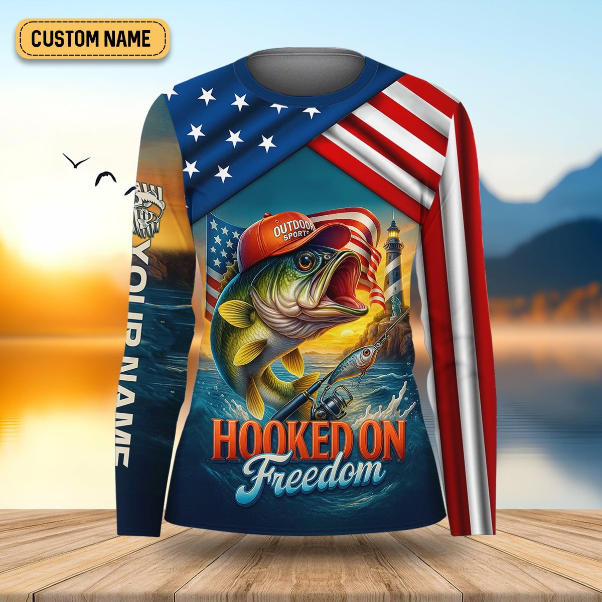 Hooked On Freedom Patriotic Fishing Shirt, Largemouth Bass Fishing Women SPF Shirt, Funny Fishing Shirt