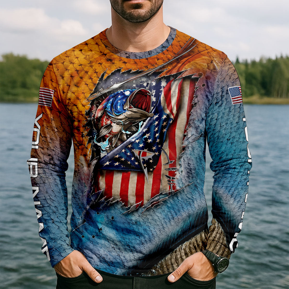 Patriotic Bass Fishing Long Sleeve Shirt, Men's Fishing Apparel, American Fishing Shirt