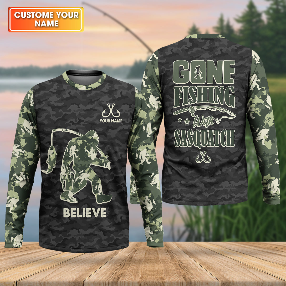 Gone Fishing With Sasquatch Camo Fishing Shirt, Fishing UPF Shirts, Fishing Shirts For Men