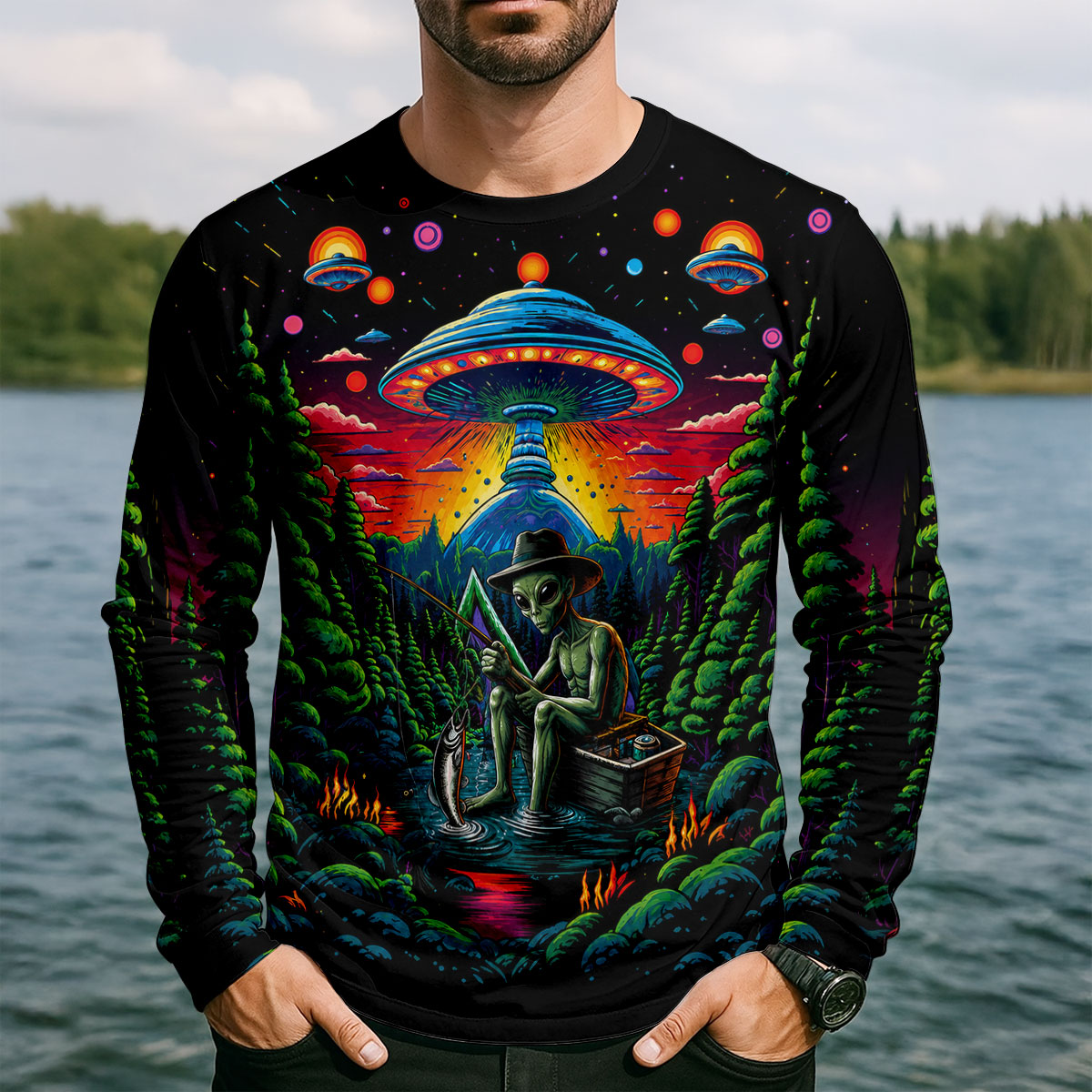 Alien Fishing UPF Shirt, Funny Fishing Shirts For Men, Mens Fishing Shirts