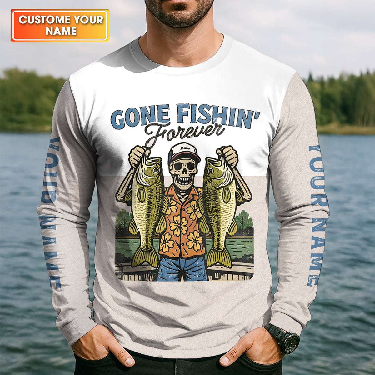 Gone Fishing Forever Funny Skeleton Largemouth Bass Fishing UPF Shirts, Fishing Shirts For Men