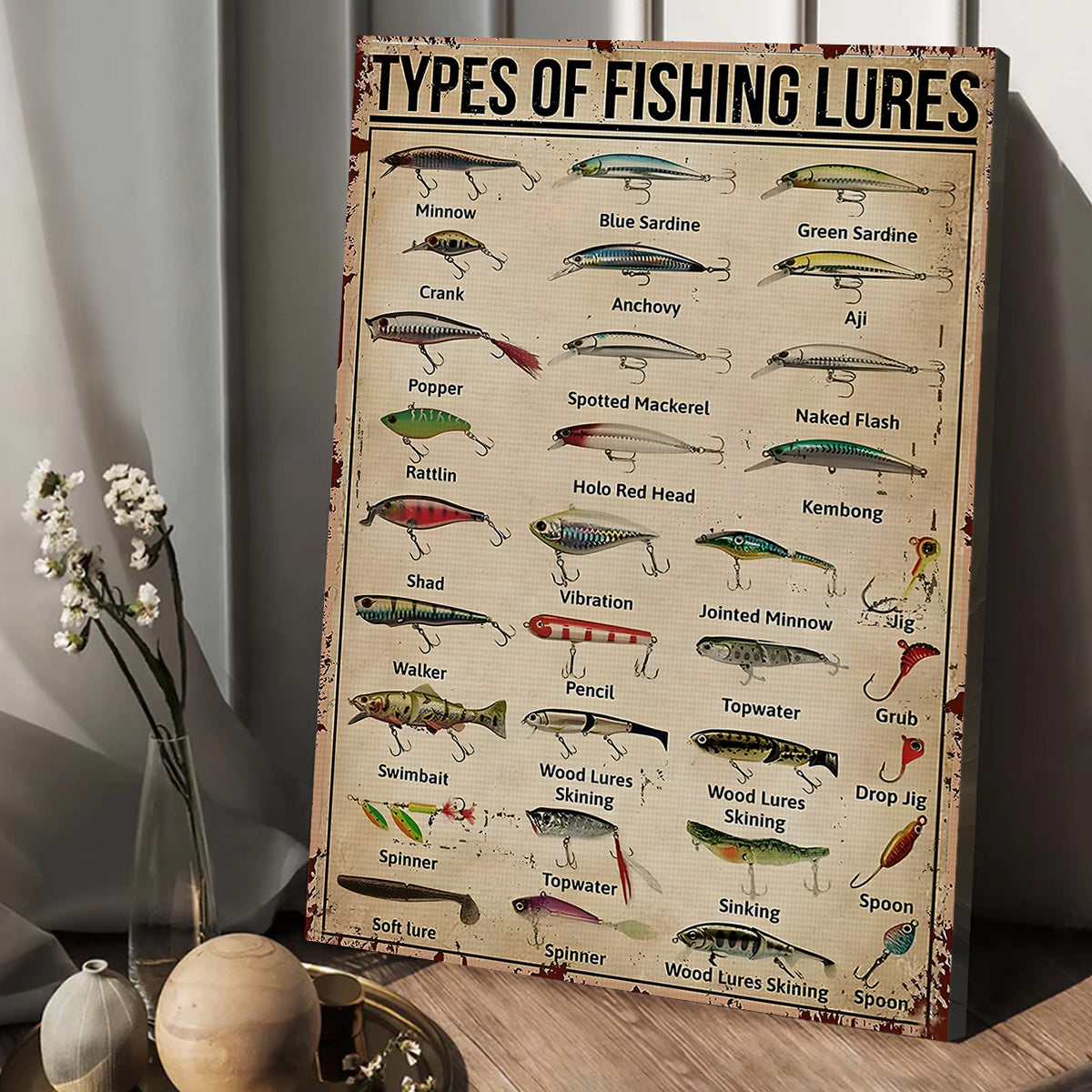 Types Of Fishing Lures Canvas Wall Art, Vintage Fishing Man Cave Decor, Fisherman Gift Idea