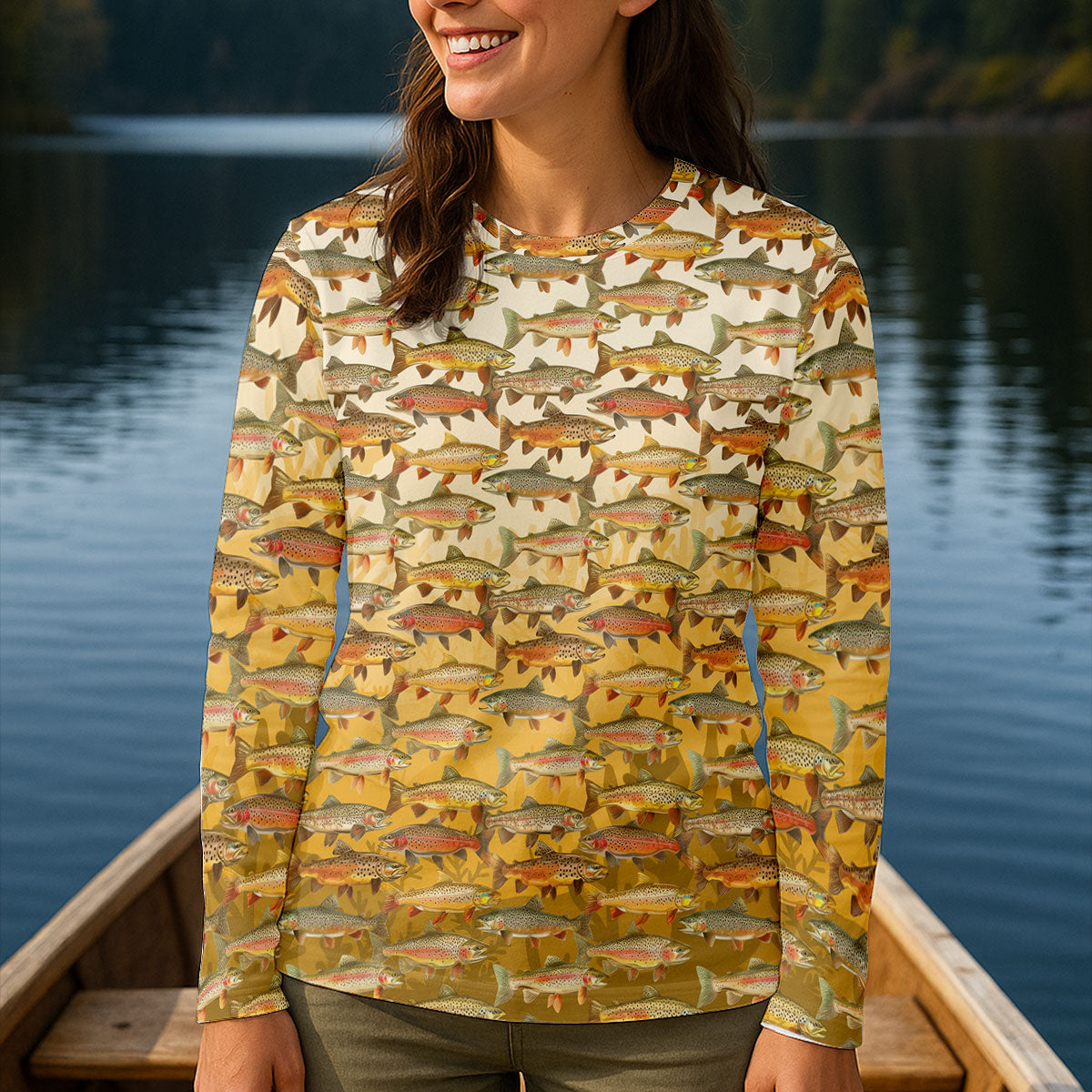 Vintage Trout Pattern Long Sleeve Shirt, Fishing Shirt For Women, Trout Fishing Shirt