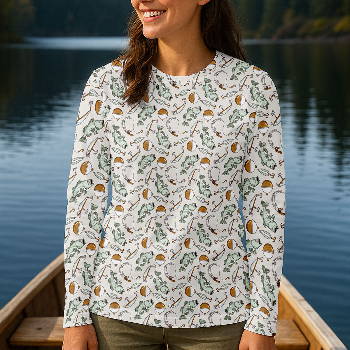 Fishing Tackle Pattern Long Sleeve Shirt, Women's Fishing Apparel, Fishing Shirt