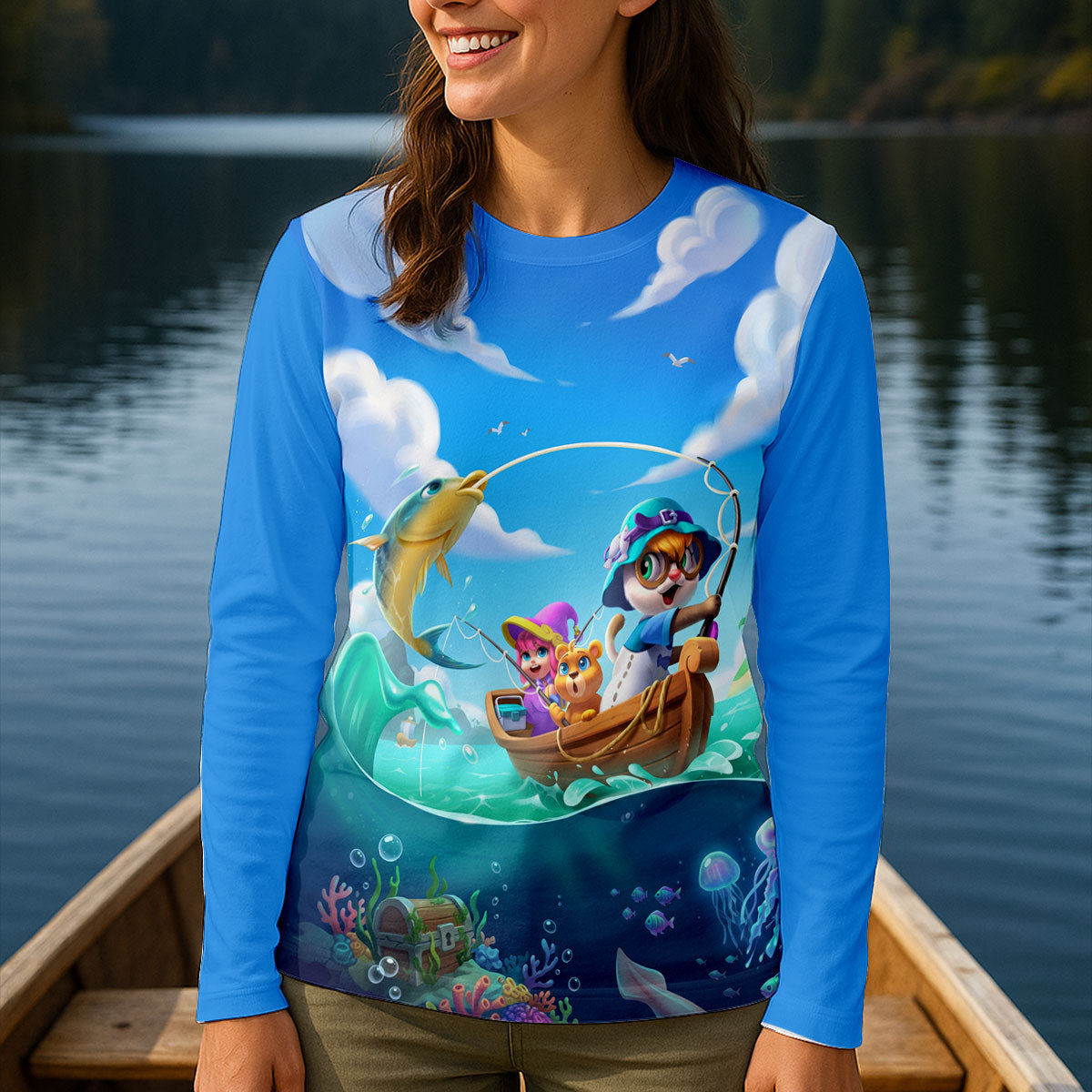 Cute Cartoon Fishing Long Sleeve Shirt, Women's Fishing Shirt, Fishing Shirt