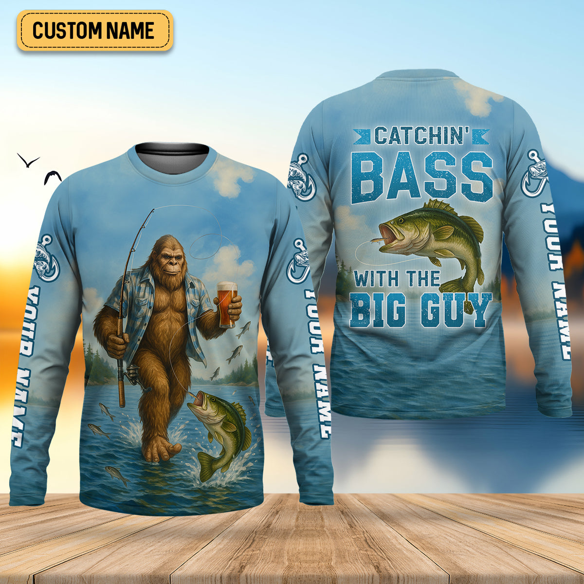 Catchin' Bass With The Big Guy, Fishing Shirts, SPF Long Sleeve Shirts, Fishing Shirts For Men