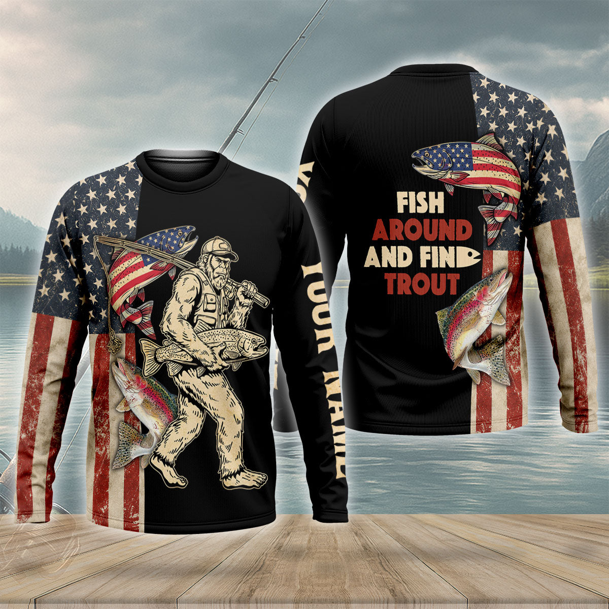 Bigfoot American Flag Fishing UPF Shirt With Trout Art, Fishing Shirts For Men, Fishing Shirt