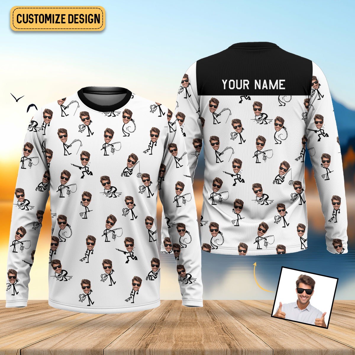 Funny Stick Figure Fishing Pose Custom Face SPF Shirt For Men, Funny Fishing Shirt, Fishing Shirts For Men