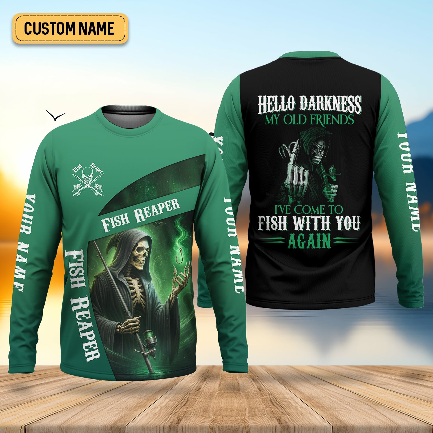 Fish Reaper Fishing UPF Shirts, Best Fishing Gifts, Custom Fishing Shirt, Hello Darkness My Old Friend