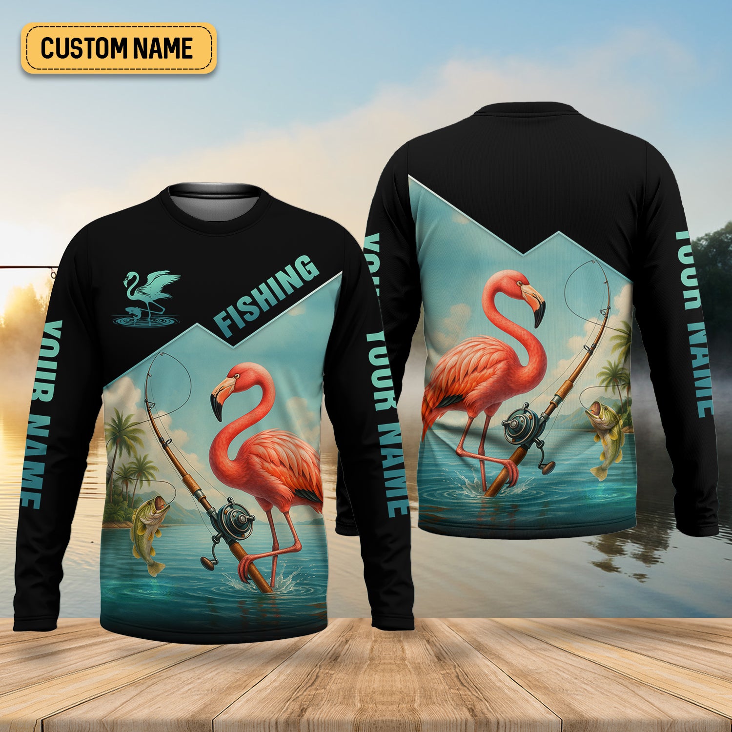 Flamingo Fishing, Hooded UPF Shirt, Funny Fishing Shirt, Men Jersey, Presents For Fishermen