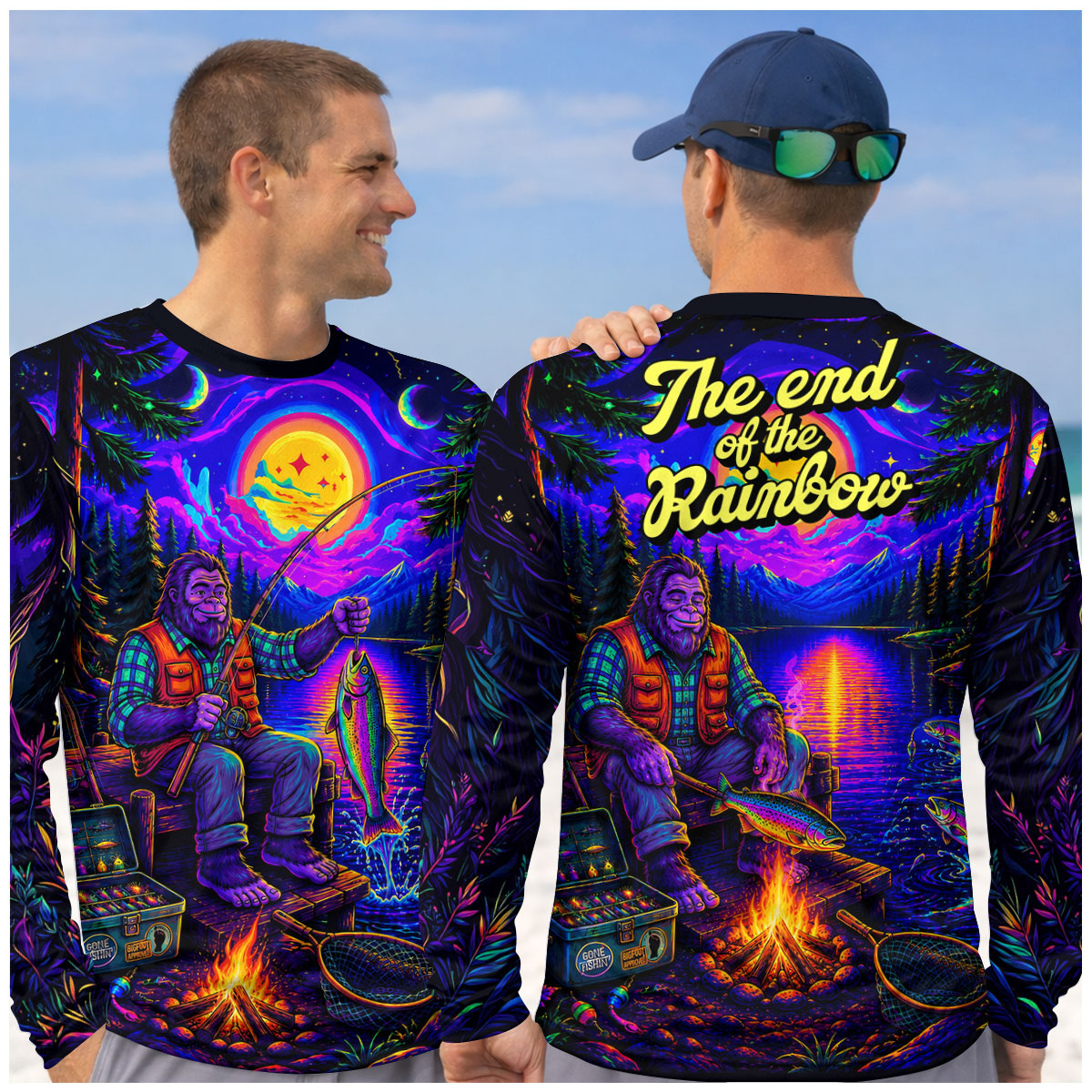 The End Of The Rainbow Bigfoot Fishing UPF Shirt, Fishing Shirts For Men, Mens Fish Shirts