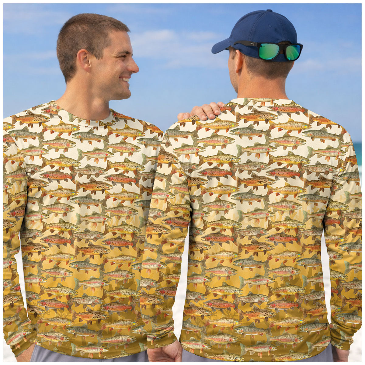 Vintage Trout Pattern Long Sleeve Shirt, Men's Fishing Apparel, Trout Fishing Shirt