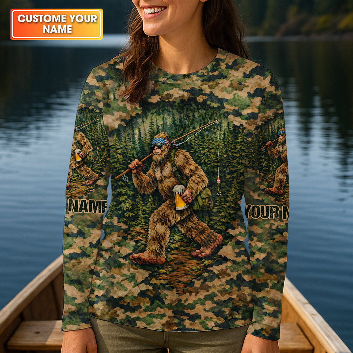 Bigfoot Fishing And Beer Earth Green Camo Fishing Shirt, Fishing UPF Shirts, Women Fishing Shirt